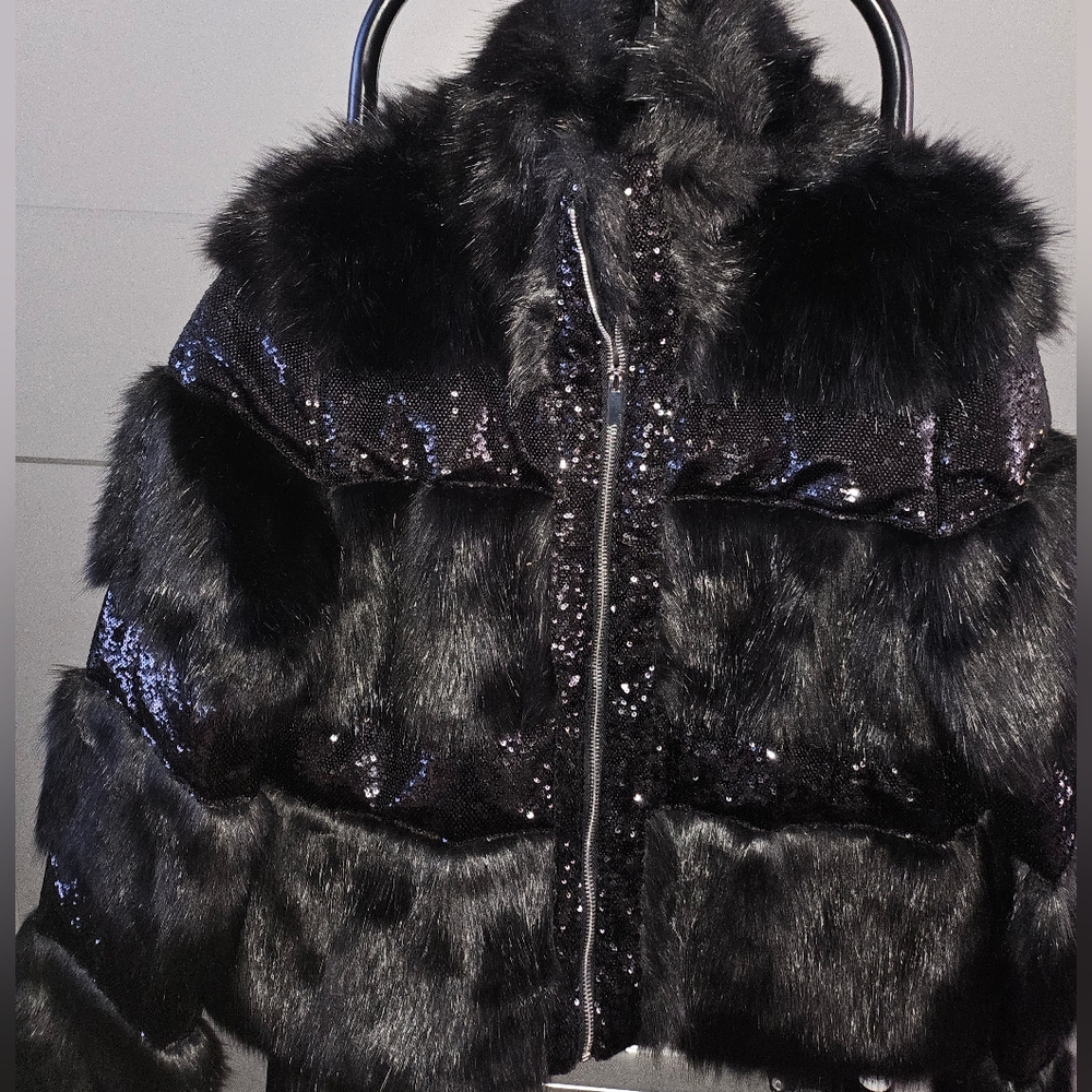 New York & Company Black Faux Fur Jacket with Sequins